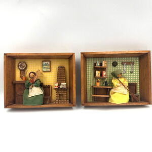 VTG Wood Box Diorama Old Kitchen Miniature Doll Vignette Victor Goldman Set of 2